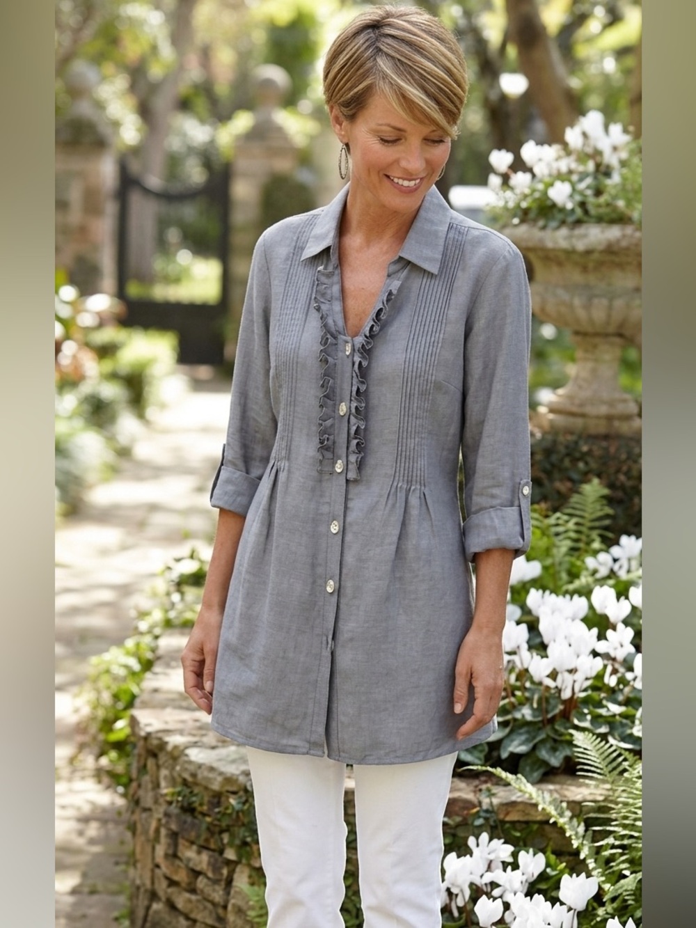 Soft Surroundings tunic Grey Casual Buttons Pleated Size L